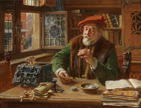 Max Gaisser (1857-1922),  Le prêteur d'argent, fin XIXe siècle, huile sur bois, 37 x 46 cm. © Dorotheum, public domain